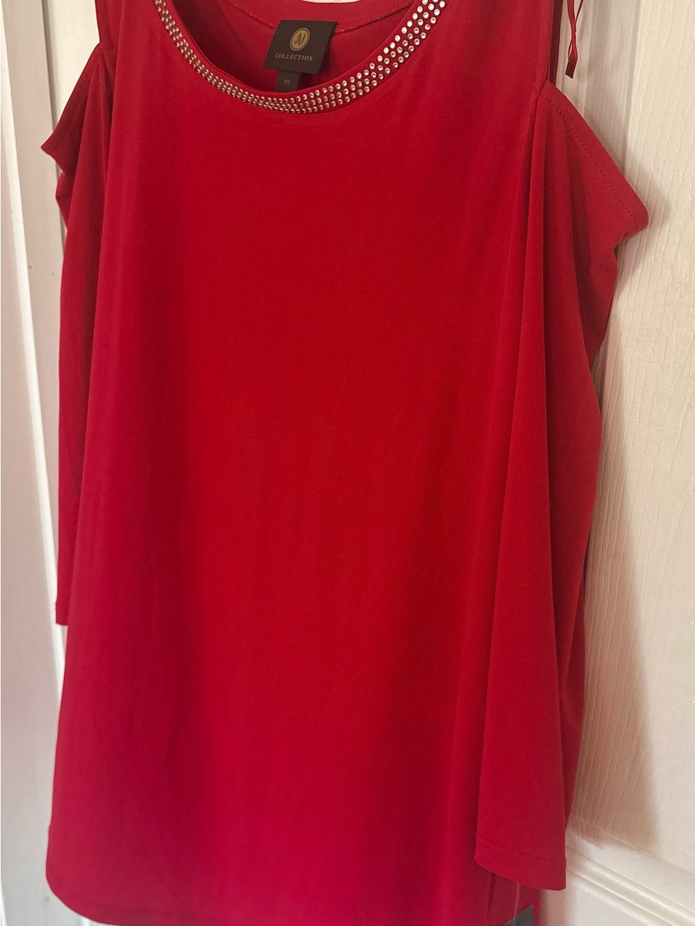 MJ Collection B Red Cold-Shoulder Rhinestone Neck Tunic - Picture 3 of 6